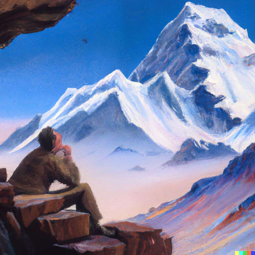 someone gazing at Mount Everest, by Drew Struzan